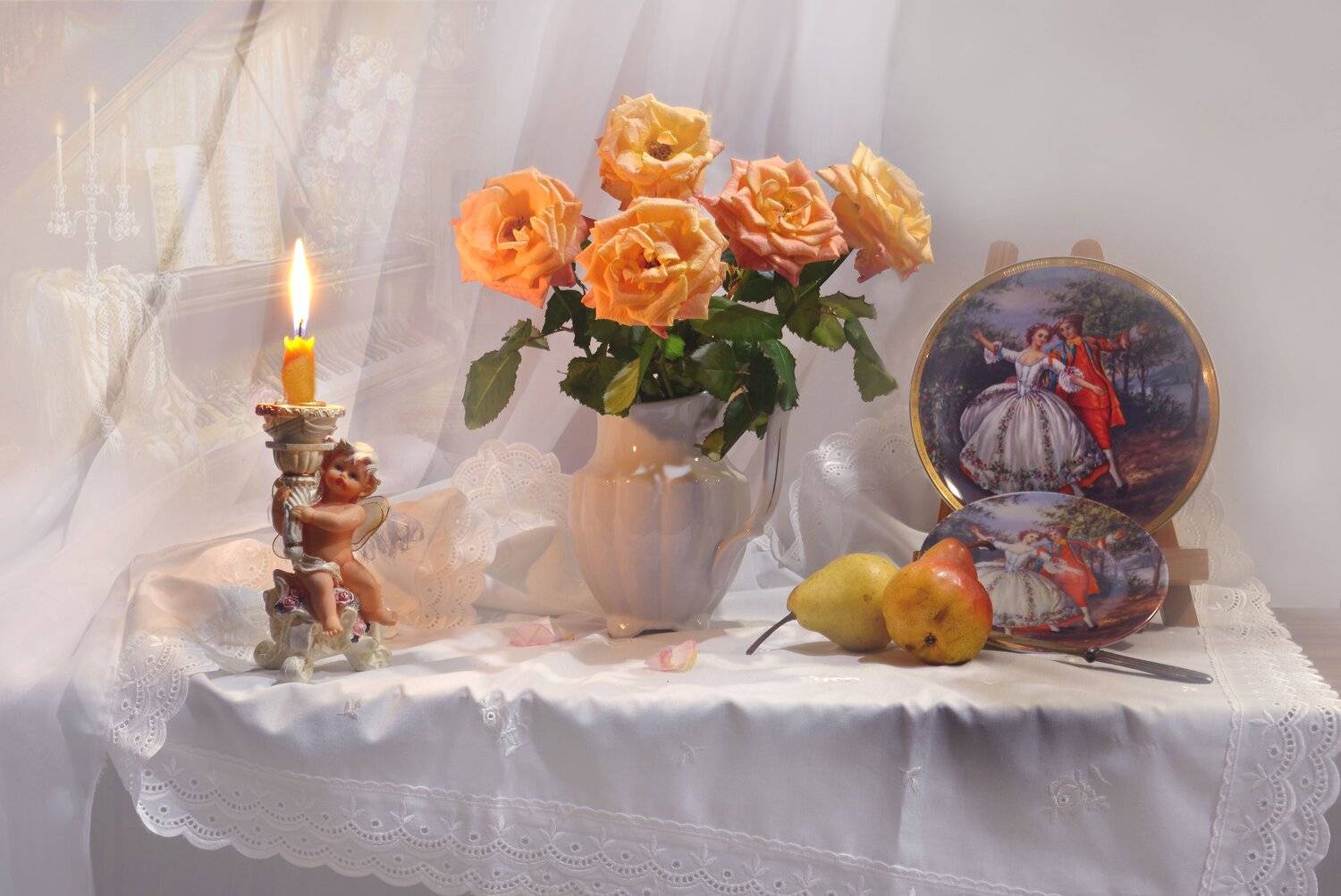 still lif,  натюрморт,  фото натюрморт,цветы , настроение, весна,розы, фарфор, подсвечник, ангел, менуэт, стихи, настроение, Колова Валентина