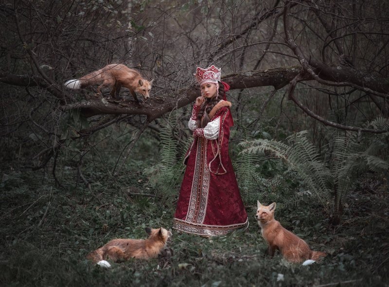 Лис, рыжий лис, царевна, красный, лес, дремучий лес, красный, русский мир, животные, сказка, волшебство, русская сказка Царевна и её 3 хитрых лиса фото превью
