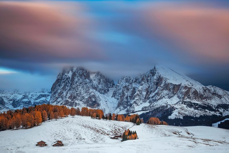 mountains, dolomites, italy, sunset, landscape, nature, travel, autumn, peak, clouds Fusion Between Seasons фото превью