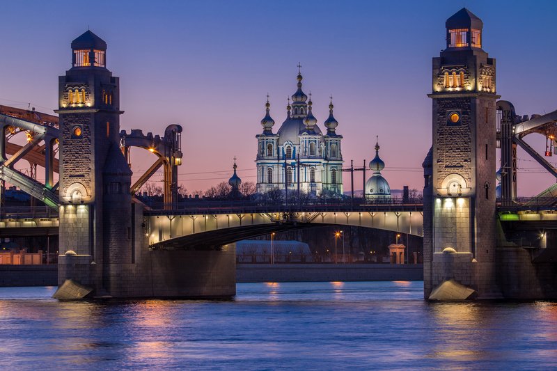 санкт-петербург, мост, закат, большеохтинский, смольный. Большеохтинский мост на закате. фото превью