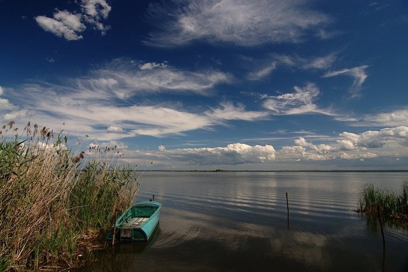 ростов великий, озеро неро, тишь да гладь, береговые заросли, лодка, рельефные облачка, полярик *** фото превью