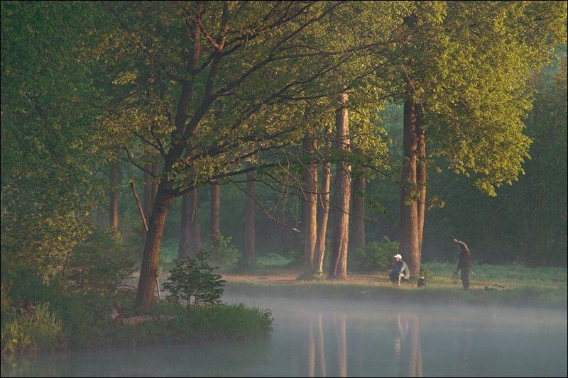 Цветная утренняя середниковская картинка с рыбаками у пруда фото превью