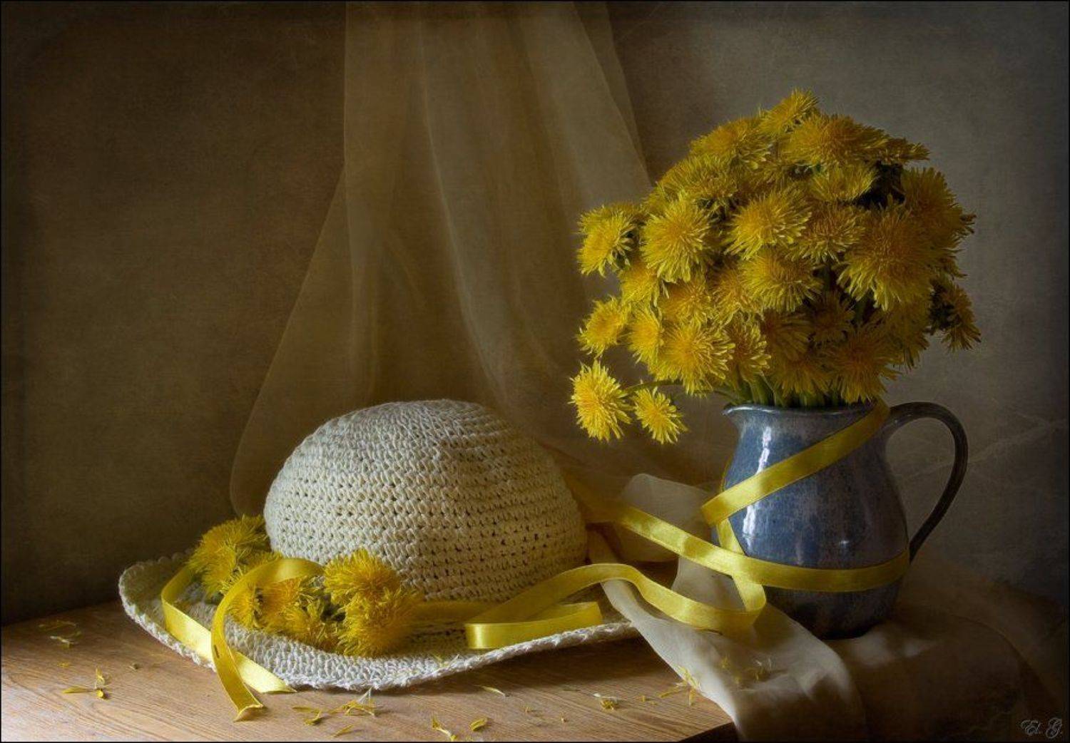 натюрморт, лето, одуванчик, кувшин, лента, жёлтый, шляпа, still, life, summer, dandelion, yellow, hat, jug, band, El. G.