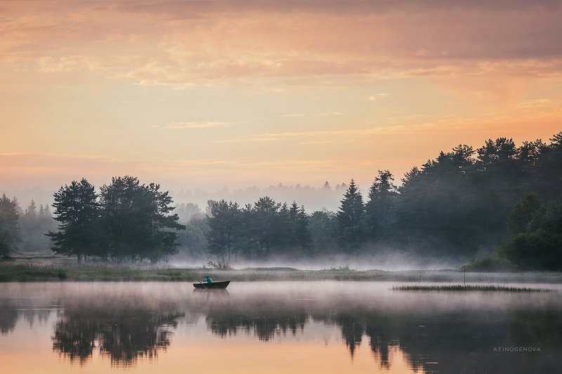 рассвет утро туман река лодка река лето В ритме утра фото превью