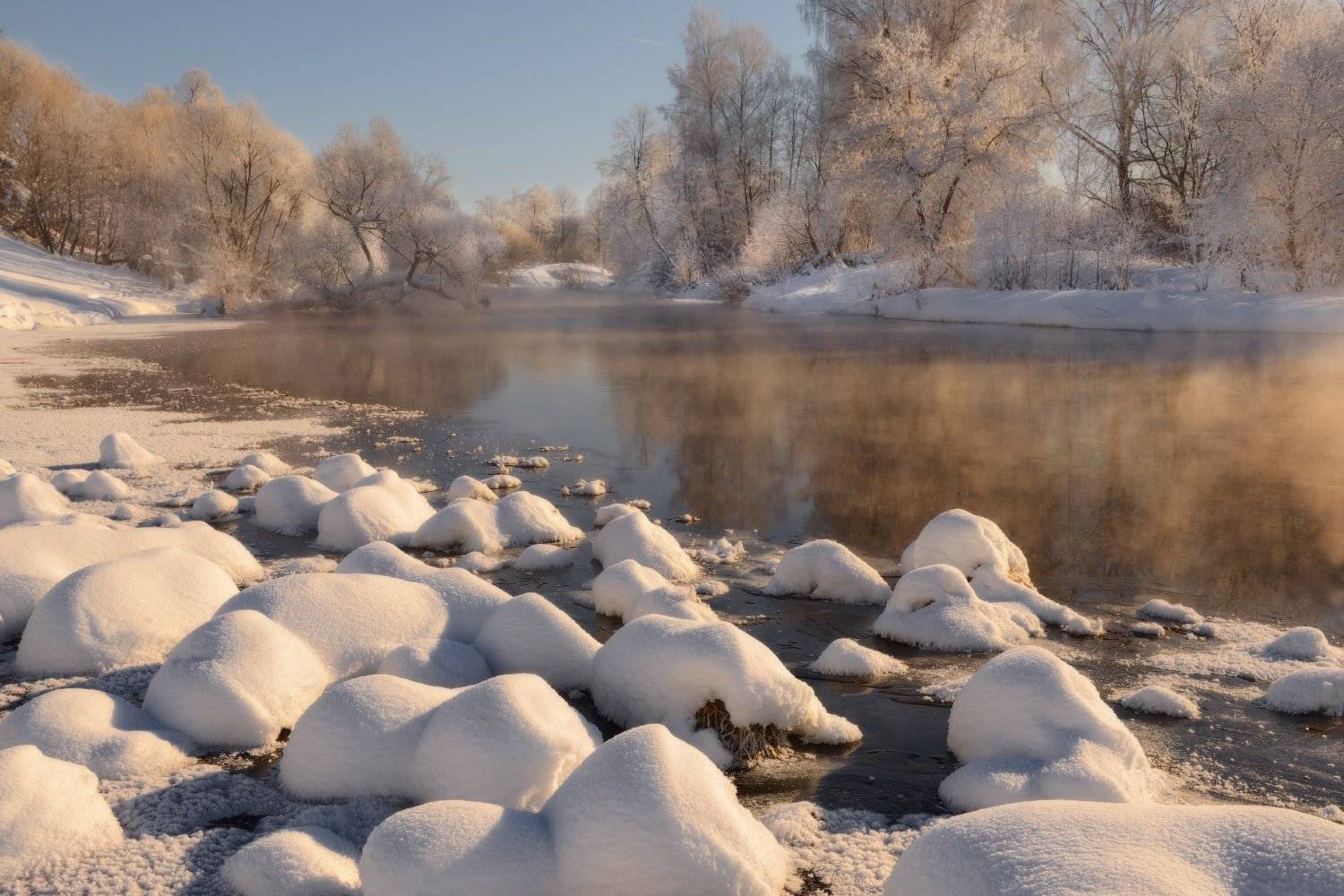 небо, снег, мороз, речка, зима, иней, Евгений Цап