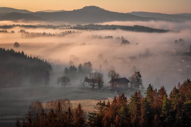 sunrise, fog, landscape, nature, mist, light, village, forest, trees First spring sunrise фото превью