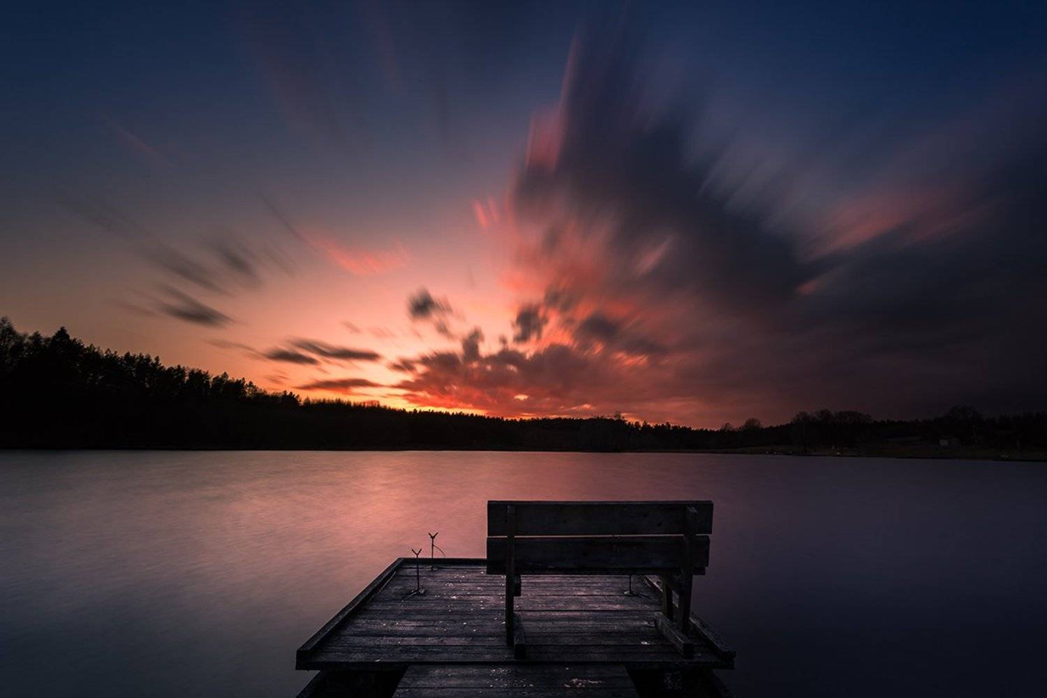 kaszuby, lake, water, clouds, evening, bench, pier, pomerania, Michal Olech