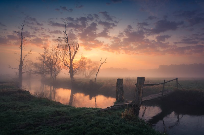 jeziorka, river, morning, sunrise, spring, wooden, bridge,  Jeziorka river фото превью