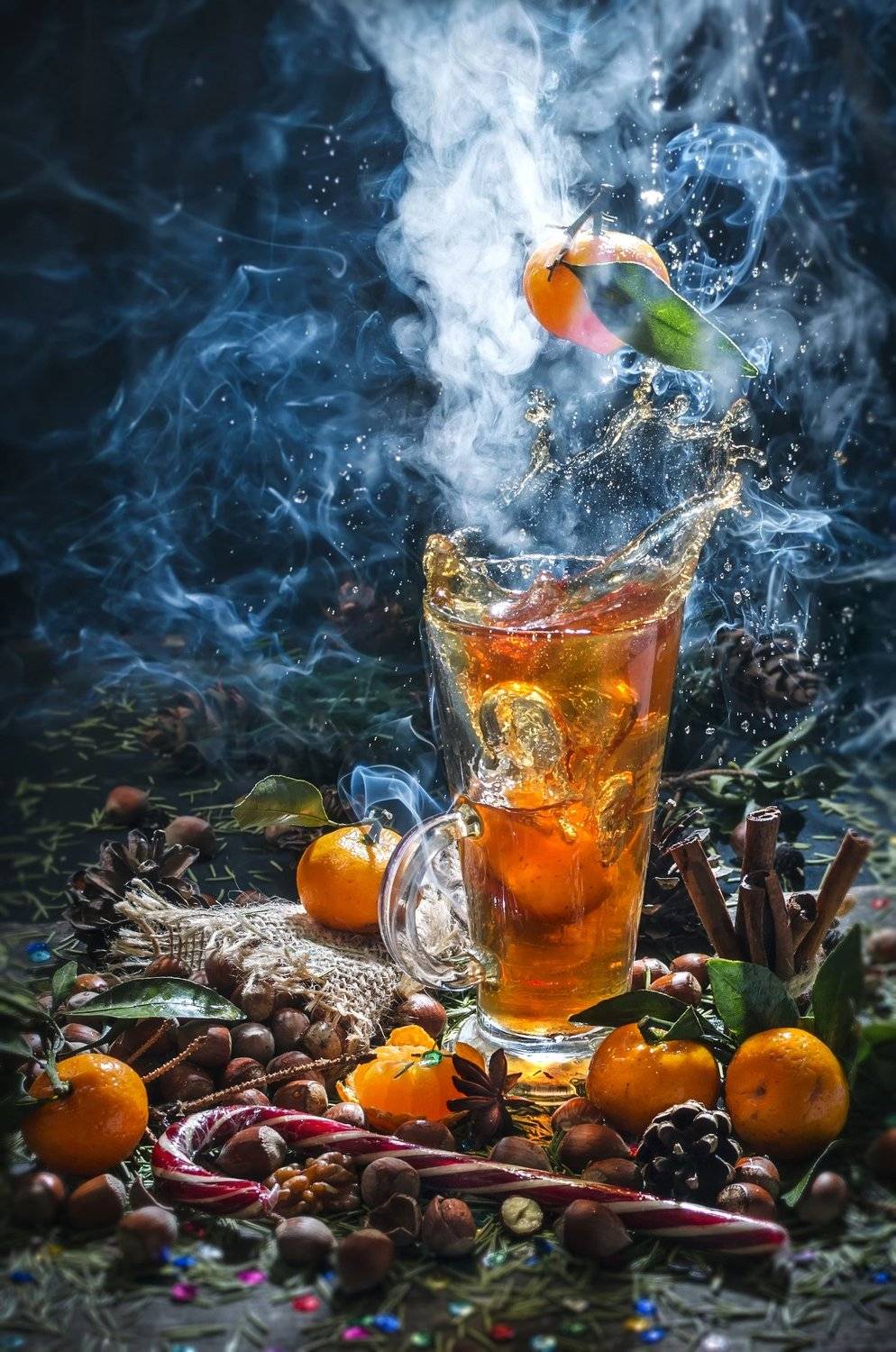 мандарины, синий, оранжевый, чай, всплеск, пар, корица, орехи, Владимир Володин