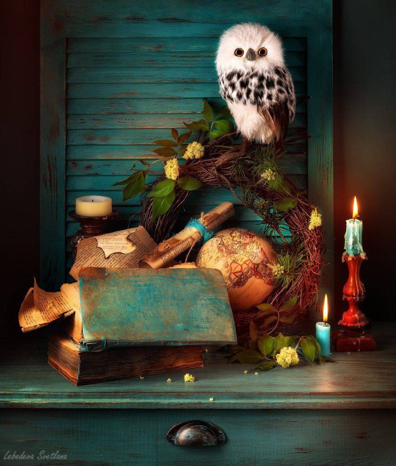 сова,книги,свеча, Светлана Л.
