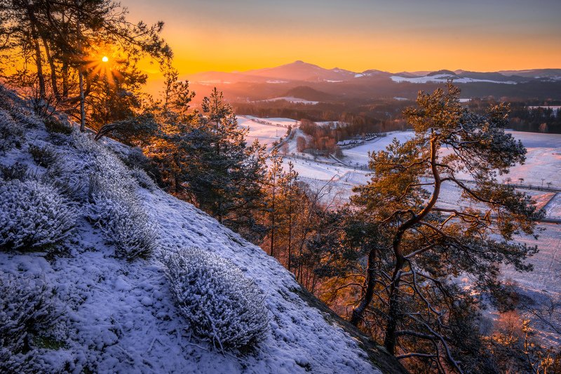 sunrise, sun, sunstar, landscape, nature, mountain, snow, spring, trees,  Fresh snow sunrise фото превью