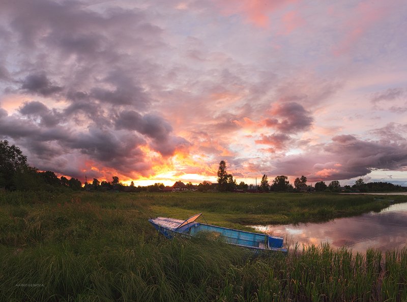 закат лето лодка берег ### фото превью