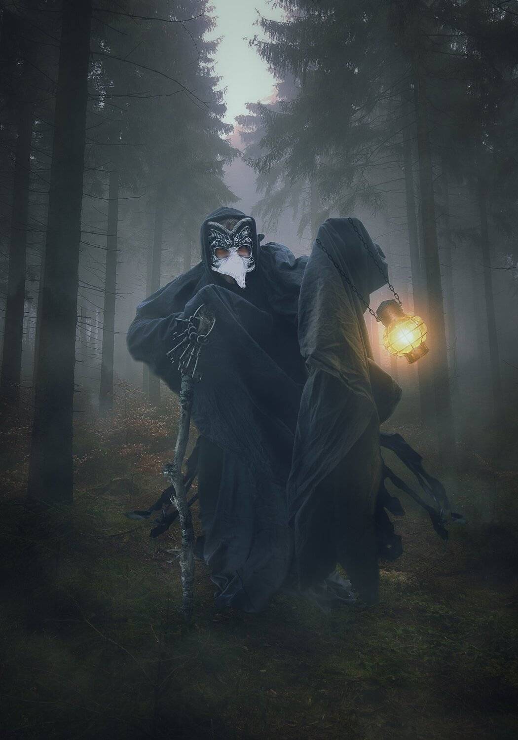 лес, туман, фонарь, существо, Sergii Vidov