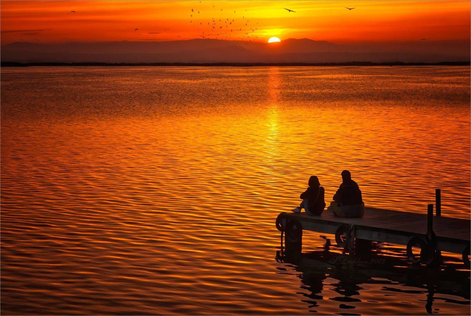 закат, озеро, птицы, горы, небо, Sergey Drobkov