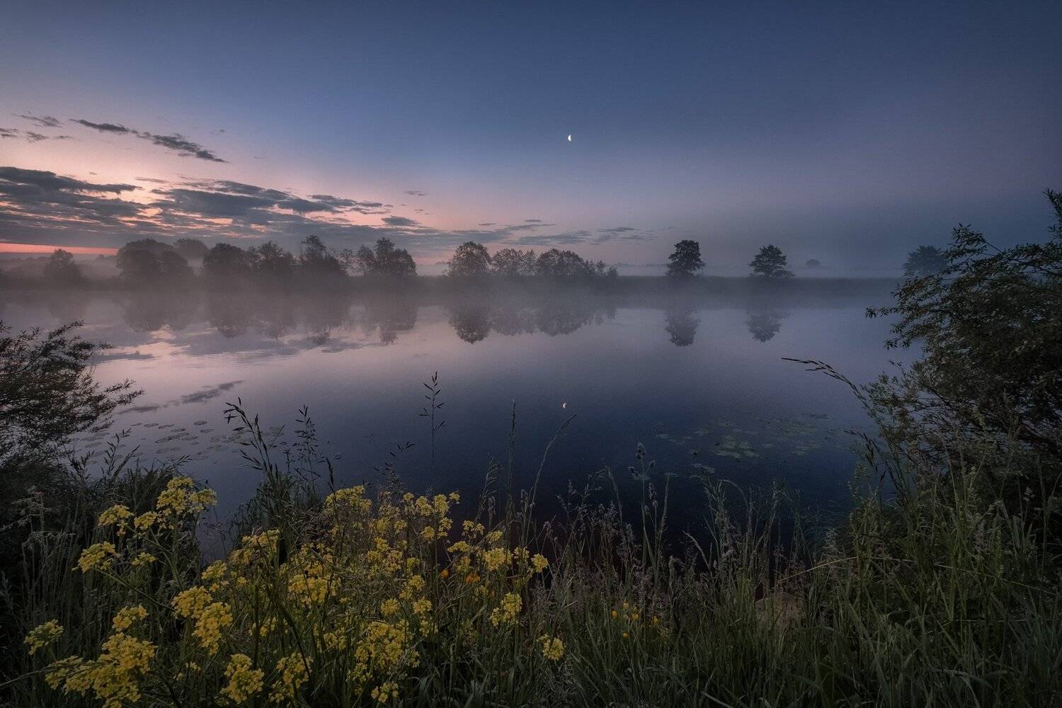 дубна, река, ночь, лето, рассвет, туман, пейзаж, природа, луна, Андрей Чиж