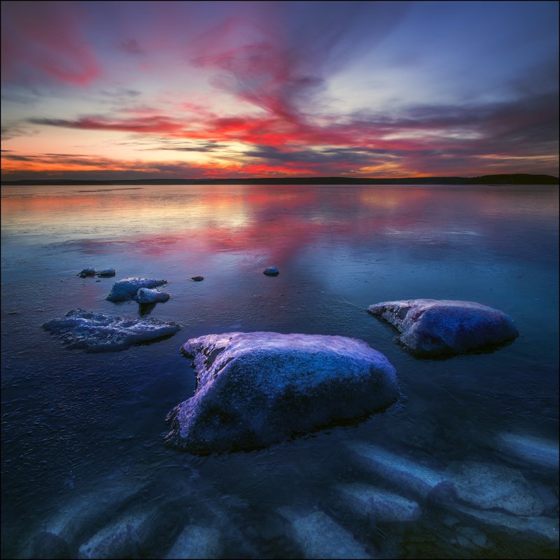 озеро, лед, закат, камни, осень *** фото превью