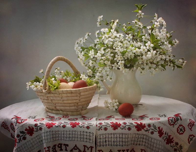 натюрморт, весна, пасха, яйца, цветы, куличи, корзина Пасхальная корзина фото превью
