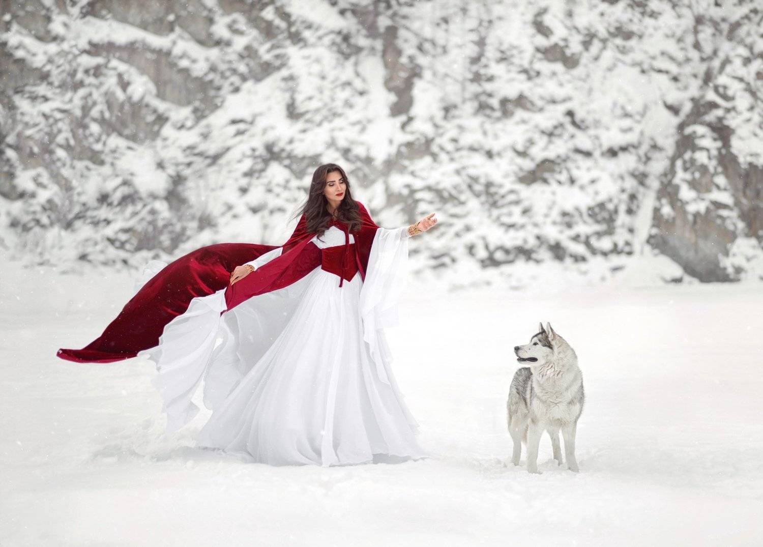 красная шапочка, сказка, сказочная фотосессия, портрет, женский портрет, фильм, мультфильм, красный, хаски, волк, животные, наряд, костюм, костюм красной шапочки, сказка, волшебное фото, Софья Ознобихина
