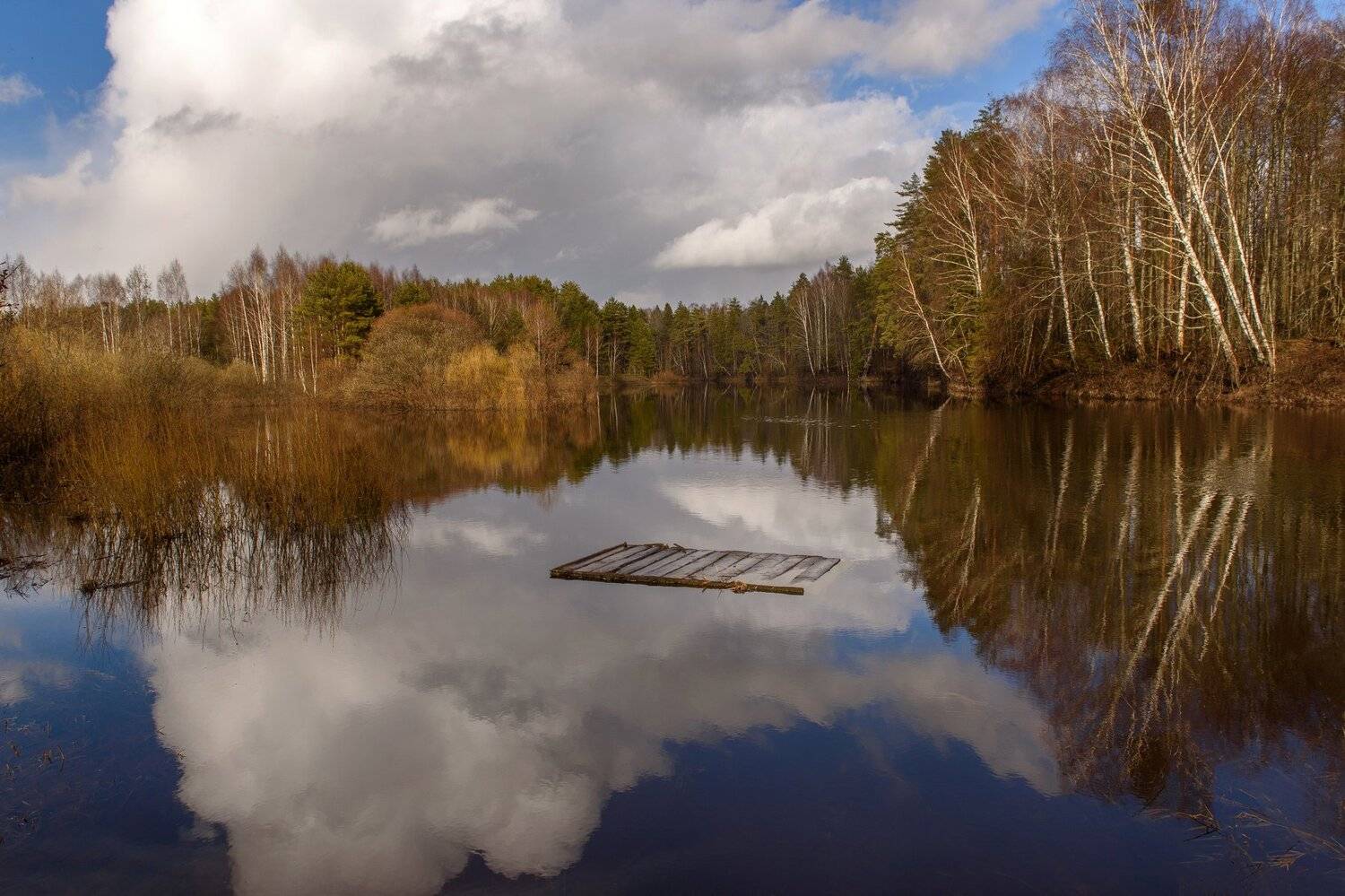 плот, закат, река, отражение, пейзаж, Андрей Грибов