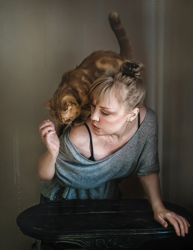 портрет, женщина, жанр, животные, кошки, кот, британец Автопортреты с Рыжиком фото превью