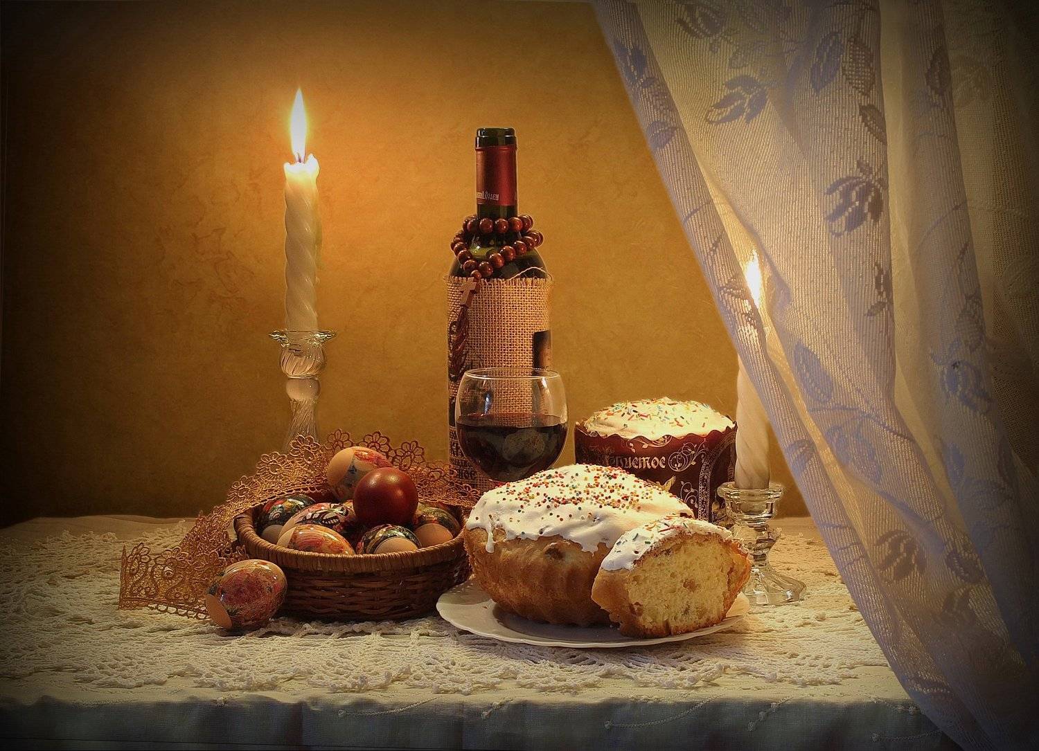натюрморт, пасха, куличи, яйца, свечи, вино, Ковалева Светлана
