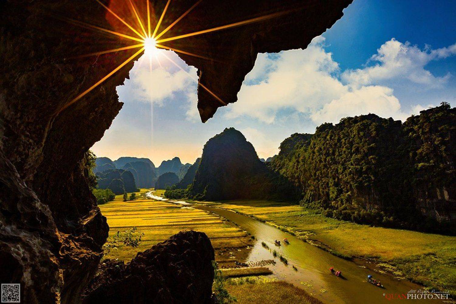 quanphoto, landscapes, rice, valley, farmland, agriculture, culture, river, mountains, boats, harvest, vietnam, quanphoto