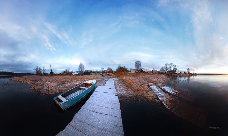 утро рассвет облака берег лодка ### фото превью