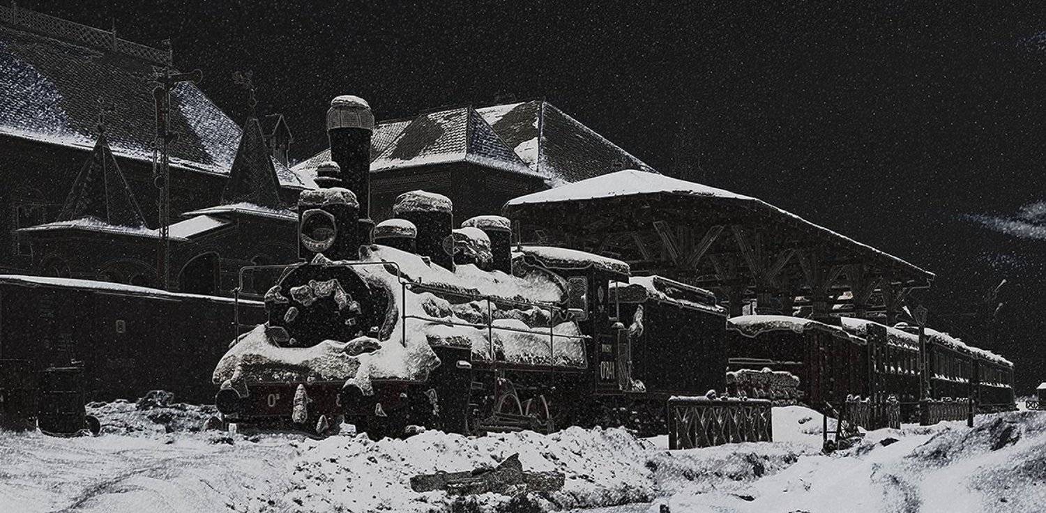 зима ночь паровоз овечка ов снег город, Boji