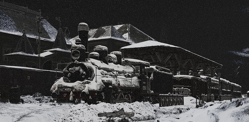 зима ночь паровоз овечка ов снег город Зимняя ночь фото превью