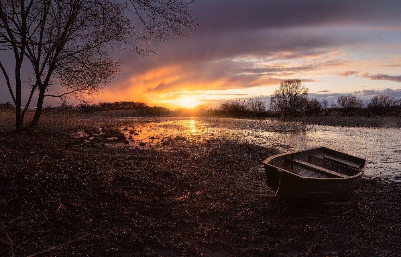 закат, вечер, панорама, весна, солнце, лодка, Майя Афзаал