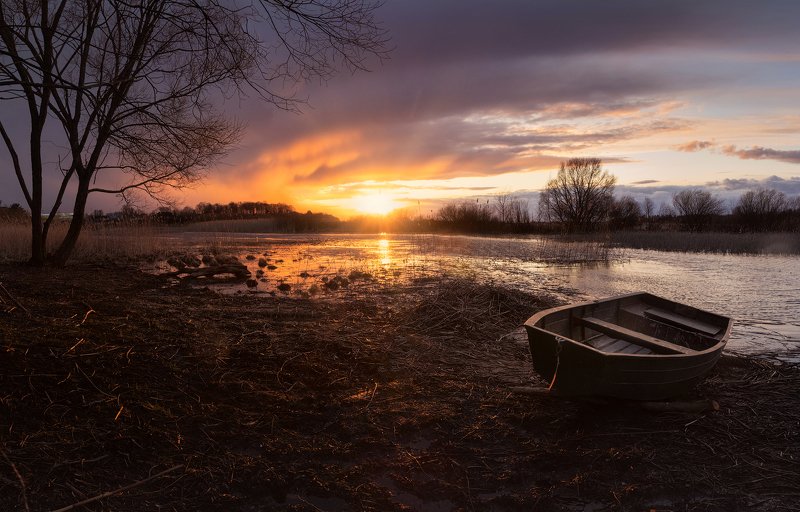 закат, вечер, панорама, весна, солнце, лодка *** фото превью