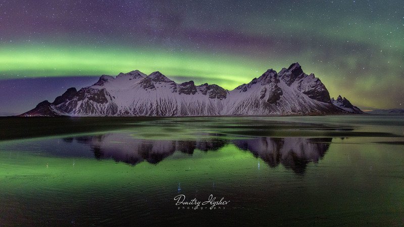 исландия, пейзаж, северное сияние, ночь, вестрахорн, океан, аврора бореалис, природа, фототур, илышев дмитрий, илышев фототур, южная исландия Однажды ночью у Вестрахорна фото превью
