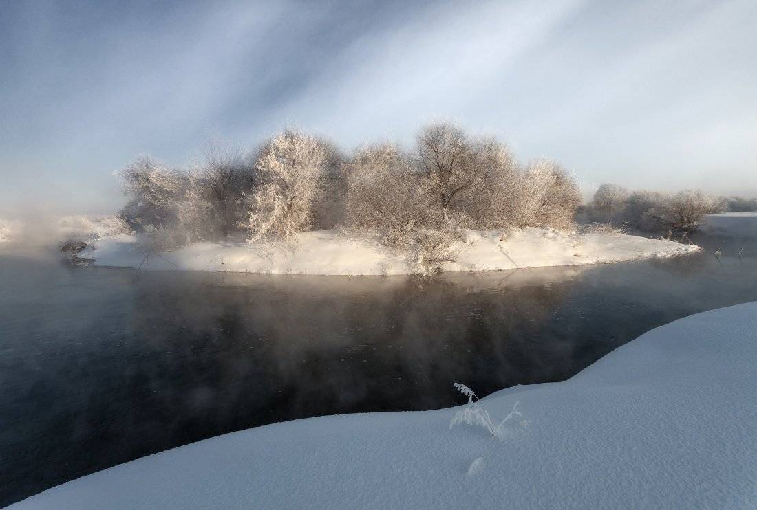 речка, вода, туман, снег, остров, лес, кустик, иней, зима, мороз, Георгий Машковцев