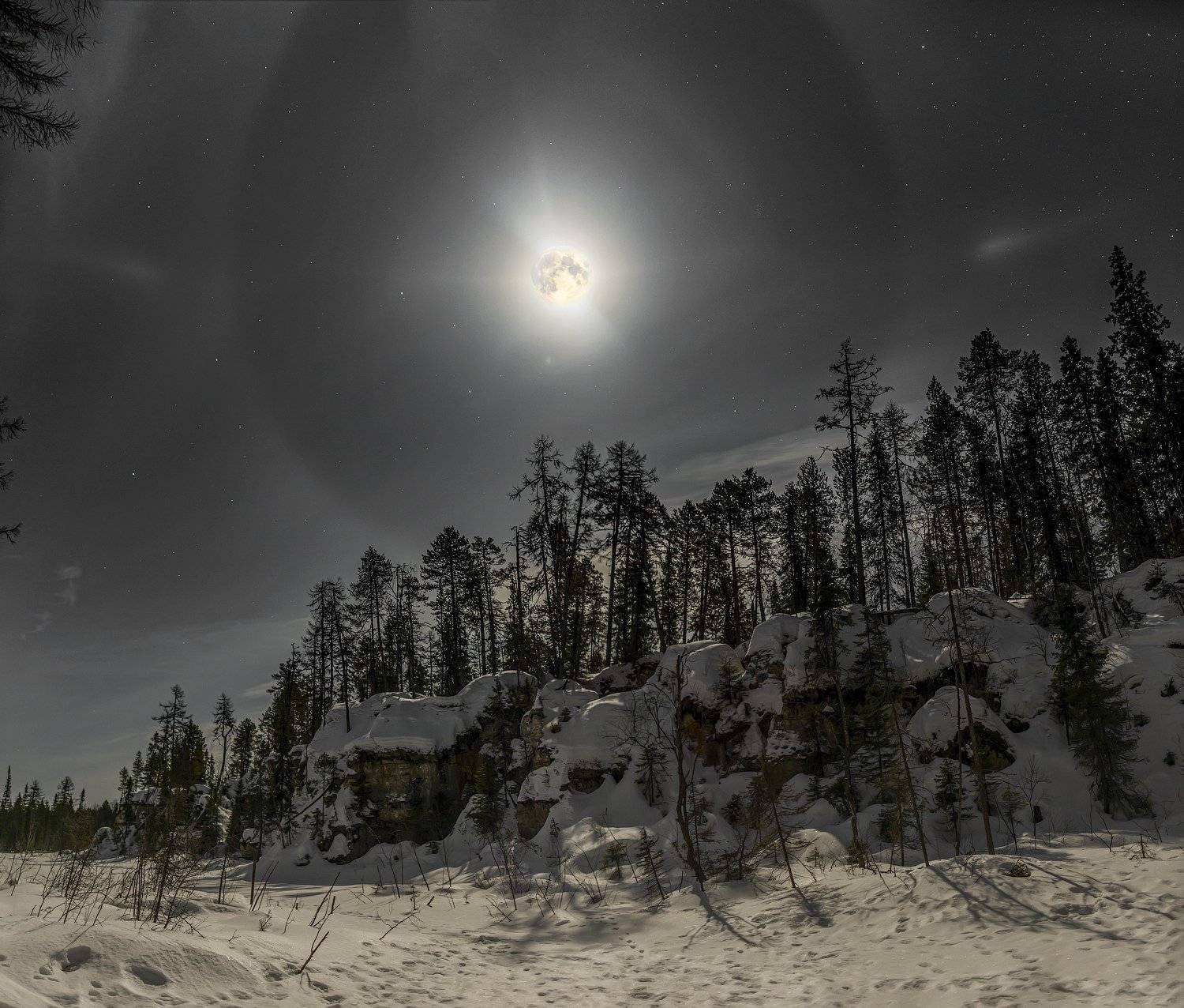 архангельская обасть, закат, зима, мороз, русский север, пинега, луна, гало, Михаил Карпов