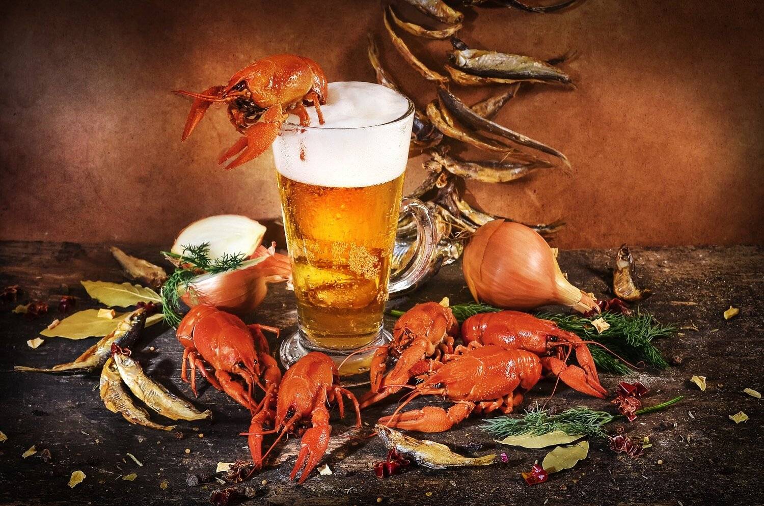 раки, пиво, золотистый, лук, рыба, пена, специи, Владимир Володин