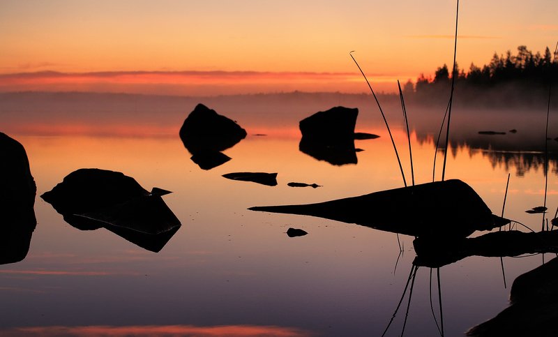 карелия, закат, река, камни, озеро Юлеозеро, закат фото превью