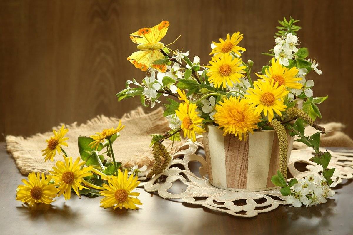 букет, цветы, желтые, ветка вишни, Шруб (Беляева) Татьяна