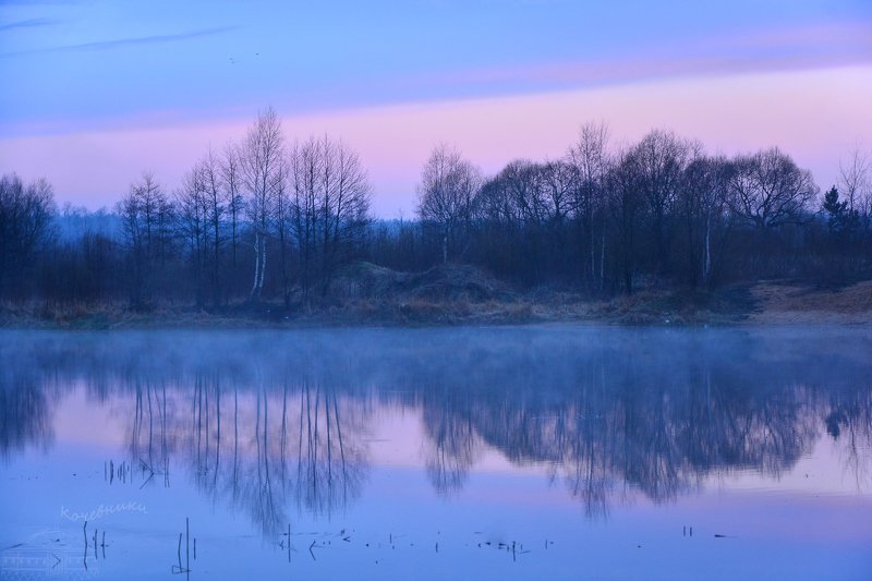пейзаж, туман, рассвет, акварель, деревня Морозное утро на пруду фото превью