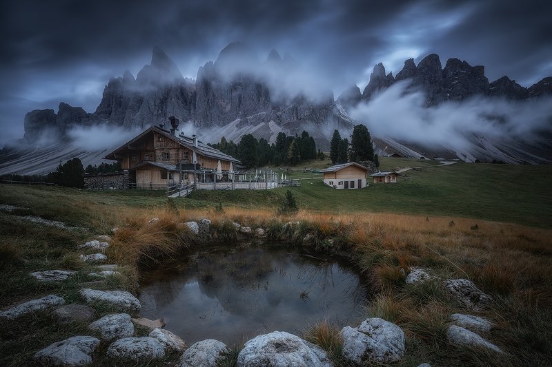 dolomiti dolomites landscape clouds mountains sky long exposure reflection  odle фото превью