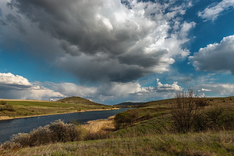 пейзаж, природа, небо, облака, ставок, водоём, холмы, степь, цветы, трава, куст, Облачный день фото превью