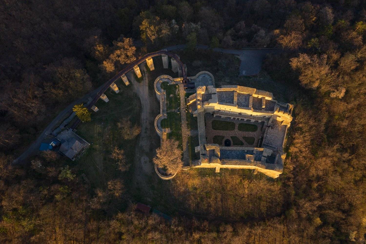 #nature #aerial #forest #green #romania #springtime #blossom #cheryflower #flower #medieval #castle #citadel #neamt citadel #sunset light, Gheorghe Popa