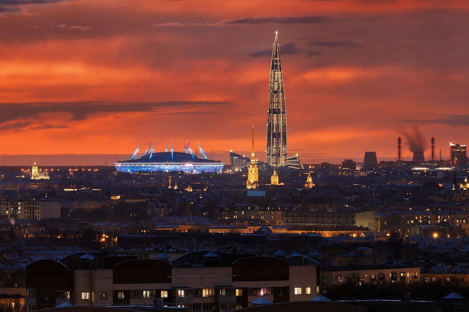 питер, телевик, закат, город, Михаил Проскалов