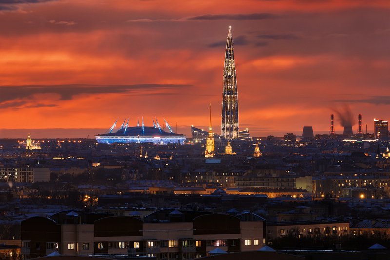 питер, телевик, закат, город Зенит-арена, Лахта-центр, Петропавловский собор фото превью