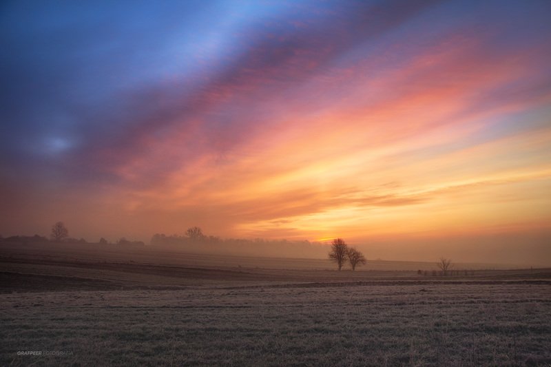 landscape, morning, frosty, trees, clouds, sunrise, fields a frosty morning... фото превью