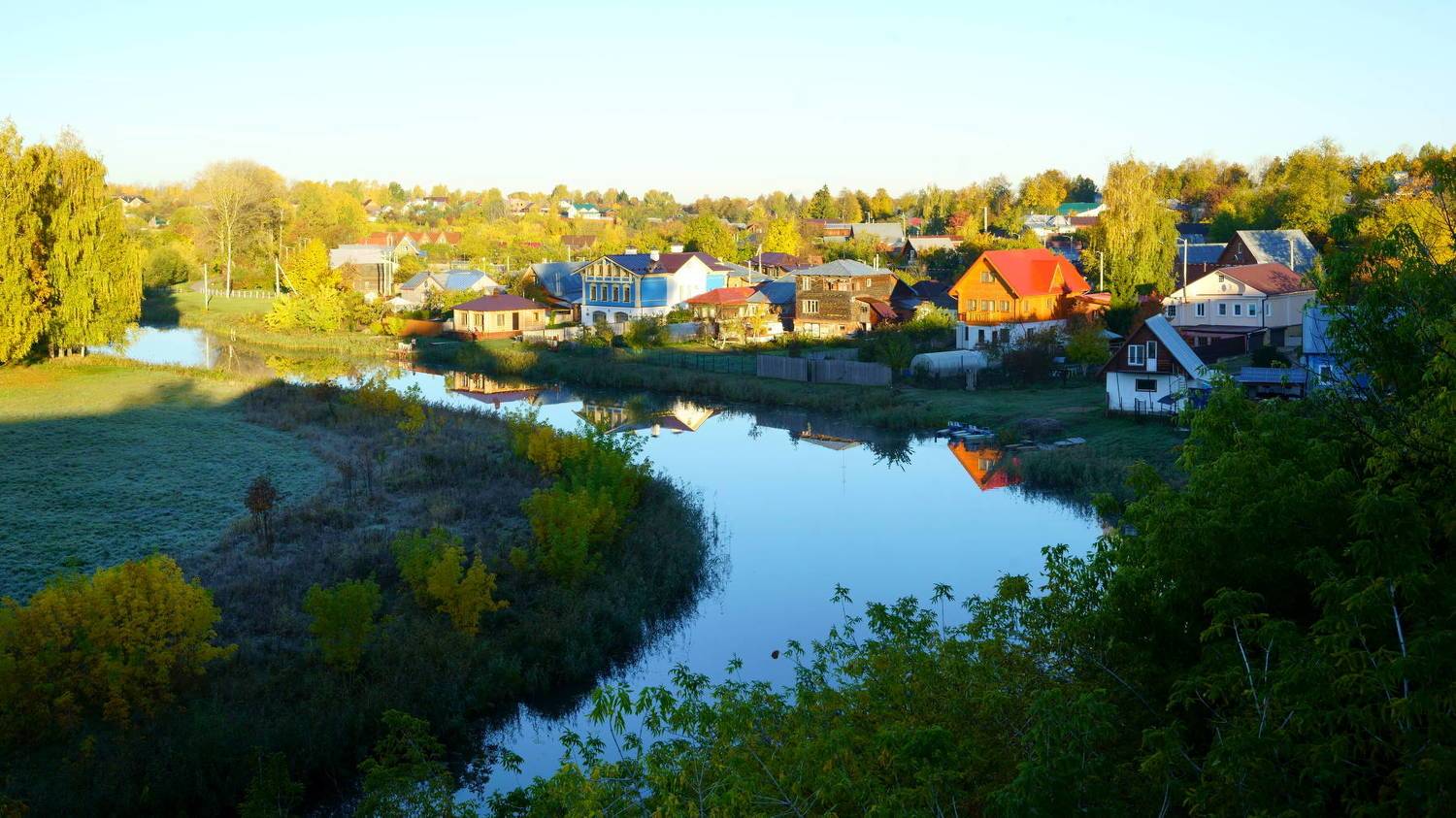 russia, suzdal, landscape, morning, houses, river, autumn, reflection, sunlight, sunshine, travel, beautiful,, Shin