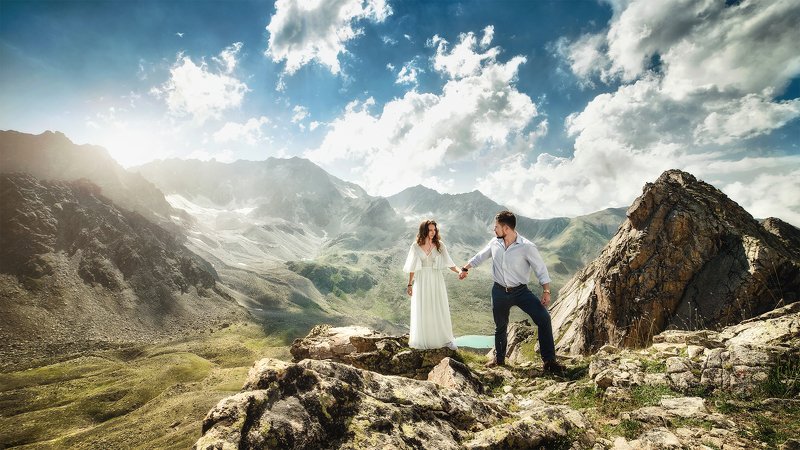 свадьба, горы, кавказ, домбай, закат, пейзаж Свадьба в горах фото превью