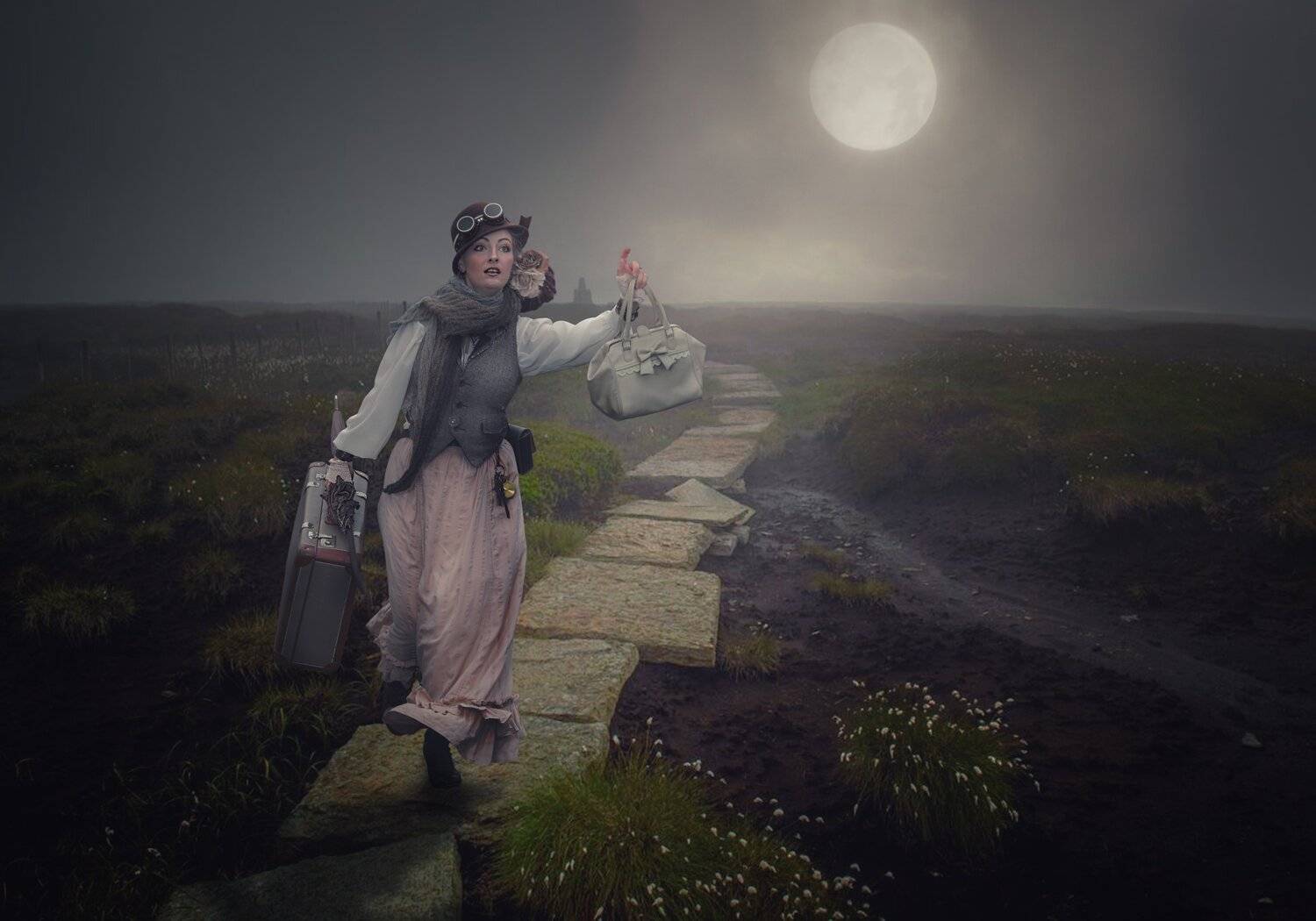 девушка, поле, чемодан, луна, Sergii Vidov