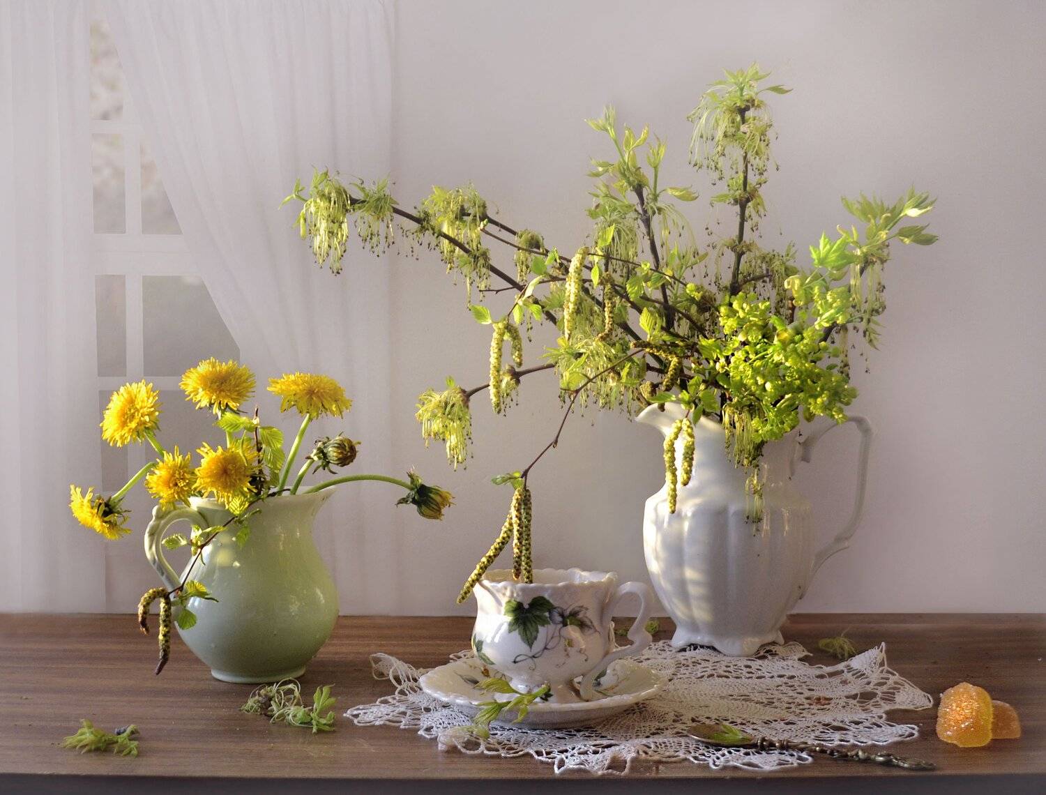 still life ,натюрморт,вечер,закат, мать мачеха, ветки зелени, фарфор, весна, май, Колова Валентина