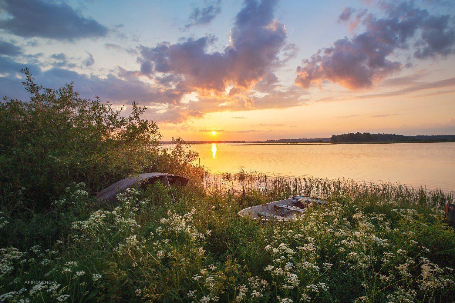 утро рассвет берег лодка солнце облака, Татьяна Афиногенова