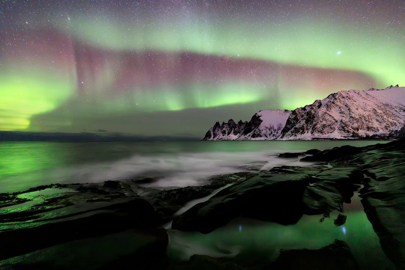 ersfjord, aurora borealis, senja, northern lights, tromso, lofoten islands, norway, polar, winter, mountain, beach, northern, fjord, milky way, universe, sky, sea, scandinavia, north, night Aurora borealis over Ersfjord beach. Senya Island at night, Norway фото превью